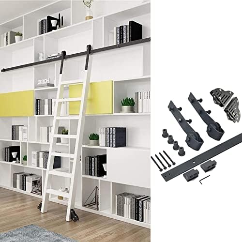 Sliding Library Ladder Hardware Kit - Mobile Barn Door Rails, 26.2 ft Track for Home/Office/Loft/Bookcase, Includes Floor Rollers, Black - Easy Installation & Durable Design