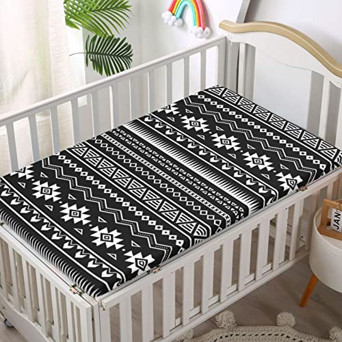 Aztec Themed Fitted Mini Crib Sheets,Portable Mini Crib Sheets Soft Toddler Mattress Sheet Fitted-Baby Crib Sheets For Girl Or Boy, 24“ X38“,Black White #TOP1