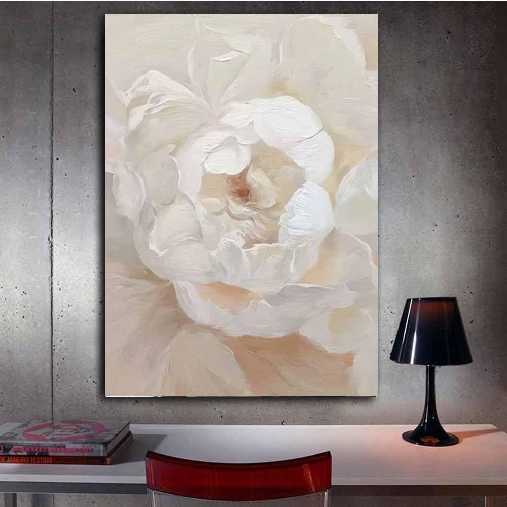 QUSAAOU Abstrakt Kunst Creme Elfenbein Weiße Pfingstrose Blume Wandkunst Drucke,Leinwand Wandbilder,Moderne Wohnzimmer Wanddeko Abstrakte,Boho Schlafzimmer BüRo(Ivory)-50x70cm Gerahmt