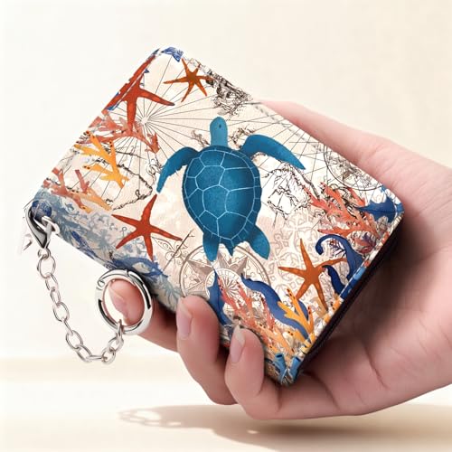 Image of Mayski Credit Card Holder, Zipper Credit Card Wallet for Women, Small Accordion Card Cases Holder, KeyChain Wallet, Business Card Holder(Sea Turtle 01)
