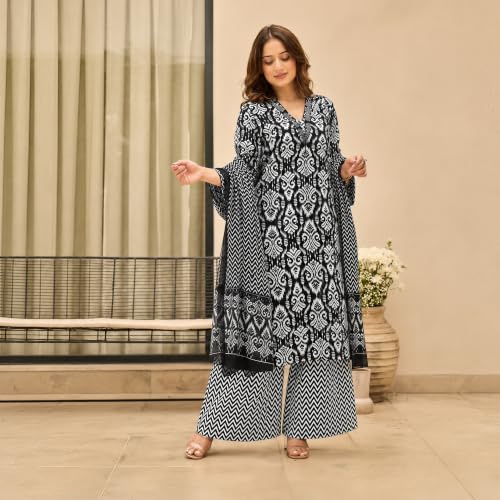 Image of J AND P J&P Women's Printed Rayon Kurta Set with Pant & Chanderi Dupatta
