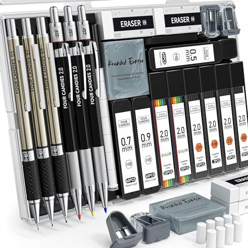 Four Candies 25PCS Art Mechanical Pencil Set with Case 3PCS Metal Artist Lead Pencil 0.5 0.7 0.9 mm &3PCS 2mm Lead Holder(HB 2H 2B 4B Color) with 432PCS Graphite Lead Refills for Drawing Sketching