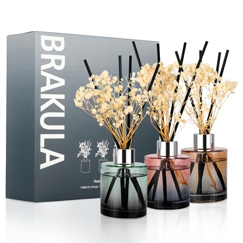 Brakula 3 Pack Reed Diffuser, Oil Diffuser Sticks, Fresh Linen, White Jasmine, Lavender Vanilla (4 fl oz Each Pack), Home Fragrance with 18 Sticks, Bathroom Decor, Reed diffusers for Home