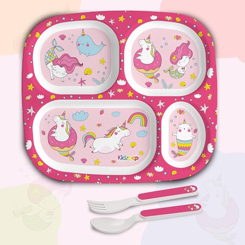 Image of Cello Kidzbee Quadmeal Pink Parade Melamine Meal Set for Kids | BPA Free and Food-Grade Material | Attractive and Kidfriendly Designs | Break Resistant & Durable Set | Set of 3, Pink