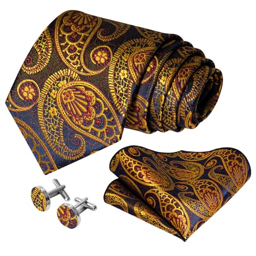 Image of 5PCS Mens Silk Designer Tie, Pocket Square, Cufflinks, Drilled Tie Ring and Lapel Pin Set for Wedding Groom Party