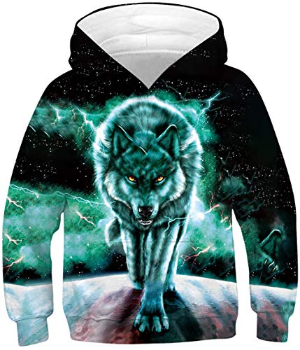 Wolf Hoodies For Boys Novelty Blue Nebula Pullover Sweater Size 8 9 10 11 12 Kids Fun Soft Lightweight School Hoodys Sweatshirts Big Girls Black Galaxy Animal Graphics Tops Comfy Jersey Coat #TOP18