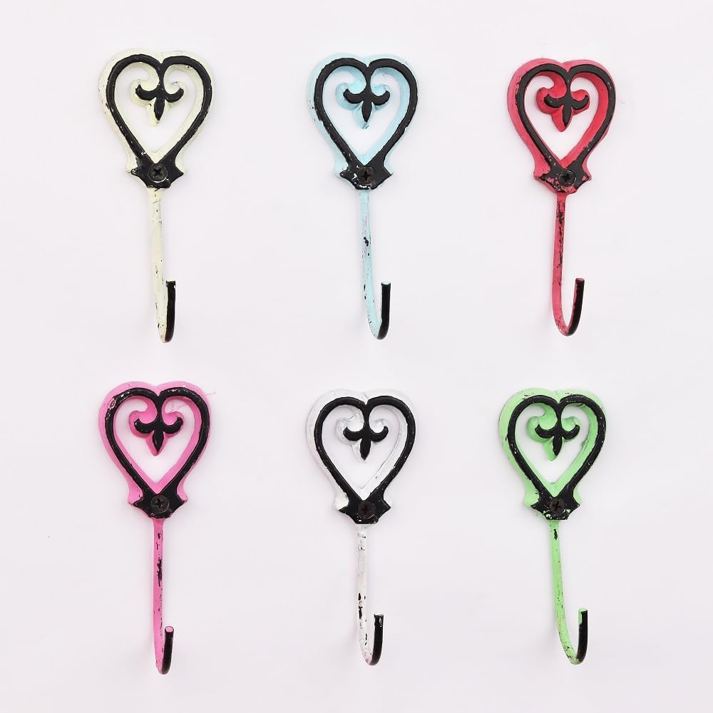 Indian Shelf 6-Pack Cute Iron Heart Heavy Duty Decorative Vintage Key Holder, Key Wall Hooks for Hanging Coats, Jackets, Leash, Hat, Towel, Backpack, Purse, Handbag (Multicolor)