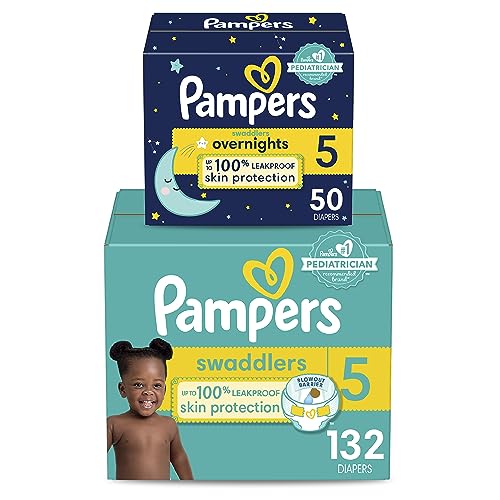 Image of Pampers Disposable Diapers Size 5, Swaddlers 132 Count + Overnight (50 Count)