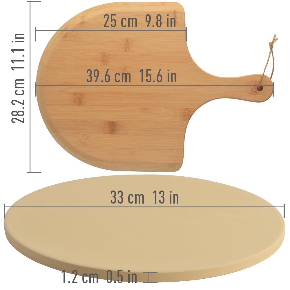homEdge Ensemble de Pierre à Pizza, Pierre de Cuisson en Cordiérite Ronde Robuste pour Pain, Pizza, Pierre de Cuisson avec Pelle à Pizza pour Four et Grill-33cm (Diamètre)