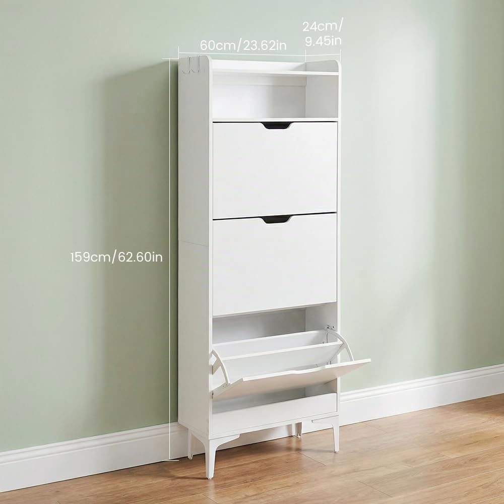 EGGREE Meuble à Chaussures Haute et Étroite avec 3 Portes Rabattables et Compartiment Ouvert, Meuble de Rangement Gain de Place pour Couloir, Appartement, Pièces, Blanc, 60x24x159 cm