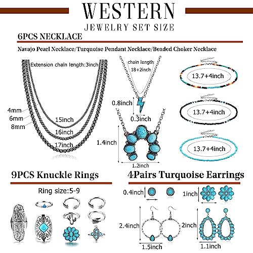 Fansilver Turquoise Jewelry for Women Bohemian Western Jewelry Set Navajo Pearl Necklace Beaded Choker Necklace Turquoise Earrings Bracelet Vintage Knuckle Rings Boho Western Jewelry for Women2