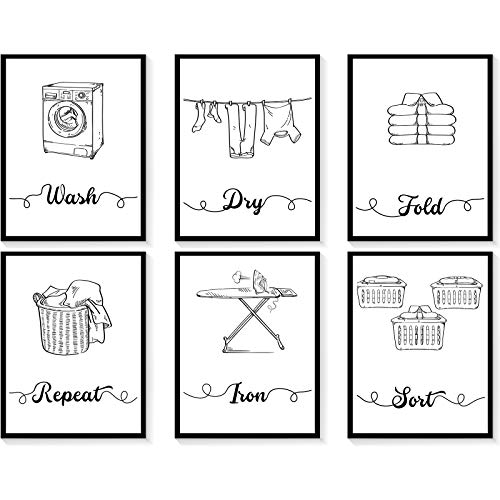6 Pieces Laundry Room Posters Laundry Room Wall Art Prints Unframed Laundry Wall Art Modern Minimalist Laundry Quotes Painting Wash Dry Fold Repeat Laundry Wall Art Poster, 8 x 10 Inch, 6 Styles