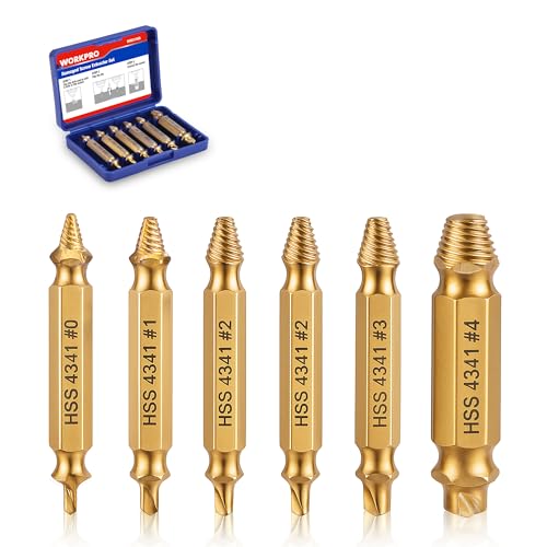 WORKPRO Lot de 6 Extracteurs de Vis Cassées avec Revêtement Titane, Extracteurs et Démontes Boulons, Idéal pour Percer et Retirer des Vis et Écrous...