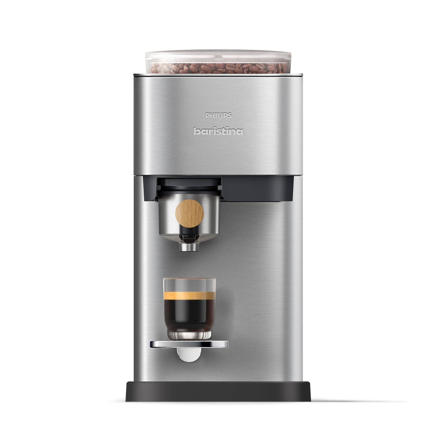 Philips Baristina Machine à espresso, cafetière à grain Métal + Porte-filtre Bois de Frêne, 16 bars, Nettoyage facile, Compacte, Espresso, Lungo, Café glacé (BAR500/00)