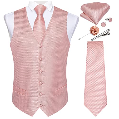 DiBanGu Chaleco de cachemira y corbata formal con broche de solapa para hombre, diseño de corbata de bolsillo, gemelos cuadrados para bodas y negocios, rosado, S