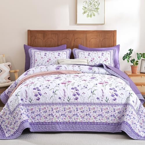 WONGS BEDDING Floral Quilt Set Queen Cute Purple Flowers Pattern Bedspread Coverlet Set for Women Teen Girls 3 Pieces Reversible Lightweight Farmhouse Spring Summer Bedding Sets All Season(96x90)