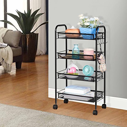 Image of Callas Metal Mesh Multipurpose 4-Tier Rolling Cart for Kitchen, Bathroom and Office Storage Organiser, Black