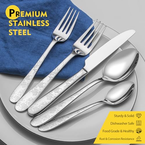 Image of 40 Piece Silverware Set, Service for 8, EIUBUIE Premium Stainless Steel Cutlery Set, Mirror Polished Flatware Sets with Pattern Handle, Modern Kitchen Eating Utensils Sets