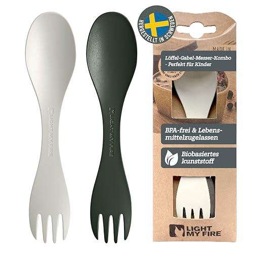 Light My Fire Spork Camping Besteckset - Outdoor Besteck To Go - BPA Frei BIO Plastik Besteck für Unterwegs (2er-Pack Little SageGreen-Cream)