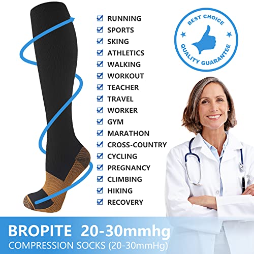 Image of bropite Compression Socks 20-30 mmHg,6 Pairs Knee-High for Running,Nurses | Graduated 20-30mmHg support,better circulation,swelling relief,unisex all-day comfort for pregnancy & activity