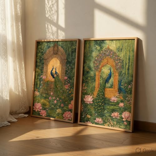 Image of Livin'luxe Royal Peacock Garden Wall Painting Set of 2 with Wooden Frames | Mughal Palace Peacock Artwork HD Sparkle Laminated MDF Wall Decor | Traditional Indian Wall Art for Living Room Bedroom
