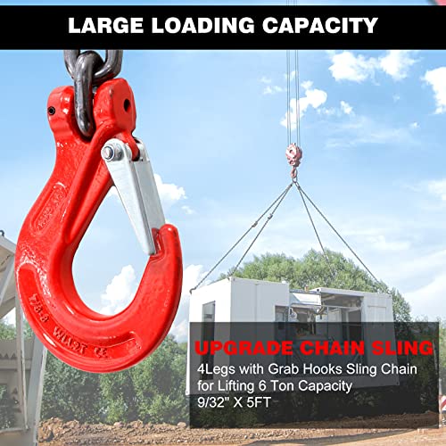 Powlab Lifting Chains With Hooks 6 Ton, 5/16'' X 5 Ft Upgrade Lifting Chain Slings For Engine Chain Hoist Lifts 6 T, Chain Lifting Slings With 4 Leg Industrial Grab Hooks Heavy Duty Chain Hoist Lifts #TOP4
