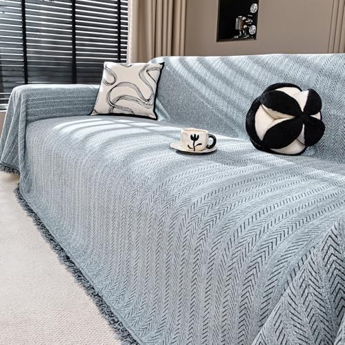 Nobildonna Chenille-Couchbezug für Sofabezug, waschbar, Haustier-Kratz-Couchbezüge, Quaste, wasserdichter Sofa-Schonbezug für 2 Kissen, Couch, Möbelschutzdecke für Wohnzimmer, Staubblau, 180,3 x 259,1