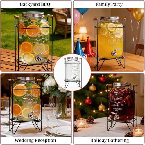 Image of Glass Beverage Dispenser with Metal Stand, 5 Liter Drink Container with Spigot and Wooden Handle Perfect ForJuice Infused Water Beer Dispenser Party,Bars,Home & Restaurants Set of 1