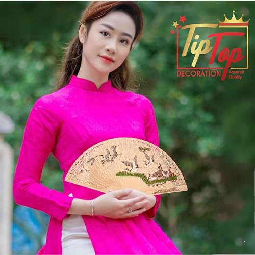 Image of Classic Saras Crane Hand Painted Designer Wooden Japanese Hand Held Fan (17 inch) (Pack Of 1)