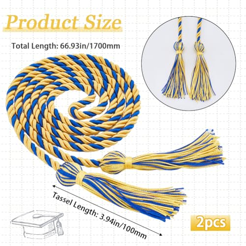 GORGECRAFT 2Pcs Graduation Season Double Honor Cord with Tassels 1.7Ms Blue Gold Polyester Braided Honor Ropes Graduation Decorative Ribbon Necklace Props Accessory for Students College Grad Party - Image 2