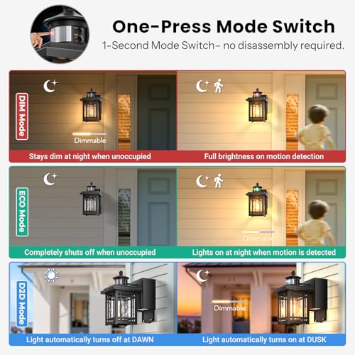 Image of Gleamz 2-Pack Porch Light with Outlet, Anti-rust Front Door Light, Black Dusk to Dawn Motion Sensor Outdoor Porch Lights, 5 Modes Adjustable Brightness Waterproof Outside Garage Lights for House Patio