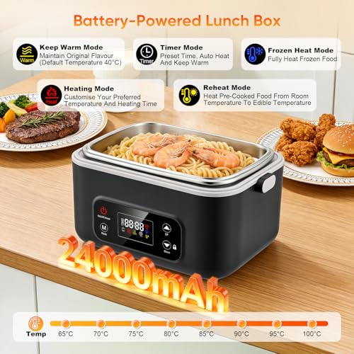 Eirolace Beheizbare Lunchbox (1,3 l) mit 12-Stunden-Timer und weiterer Funktion, 24.000 mAh Akku, kabellos, ideal für Erwachsene, Reisen, Büro und Picknicks