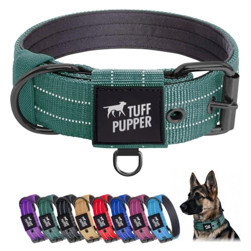 Tuff Pupper Heavy Duty Tactical Dog Collar | 1.5" Wide Ballistic Nylon | Reflective Stitching | Integrated ID Tag Holder | Stainless Steel Buckle | Padded Lining | Medium & Large Dogs (Green, Large)