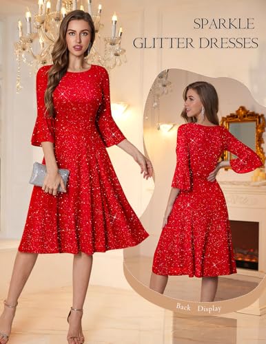 Image of HomRain Women's Church Dresses Modest Bell Sleeve Wedding Guest Cocktail Tea Party Vintage Evening Dress