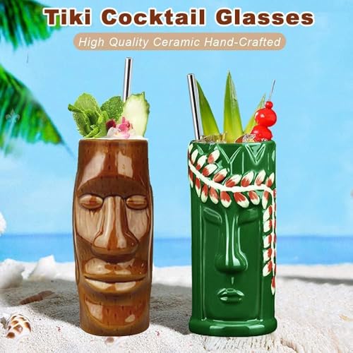 LINALL Tiki Mugs Cocktail Set of 4 - Large Ceramic Hawaiian Party Mugs Drinkware, Cute Exotic Cocktail Glasses, Tiki Bar Professional Hawaiian Party Barware, TKSET0012 (4 pack)