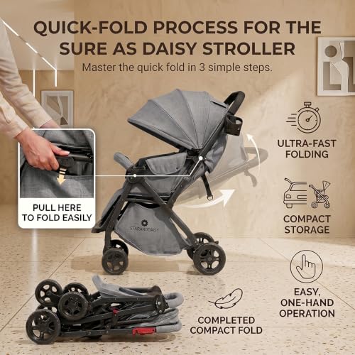 Image of StarAndDaisy Foldable Stroller for Baby 0-3 Years Infant & Toddler / Travel Pram for Baby with Adjustable Canopy & Footrest with Lockable Wheels, Multi-Level Recline , Removable Tray , Safety Harness Belt (Grey)
