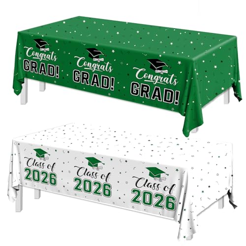 Image of 2026 Graduation Decorations,Congrats Grad Tablecloth 2pcs White Green Class of 2026 Table Covers Rectangle for Graduation Party Supplies,108x54inch (Green)
