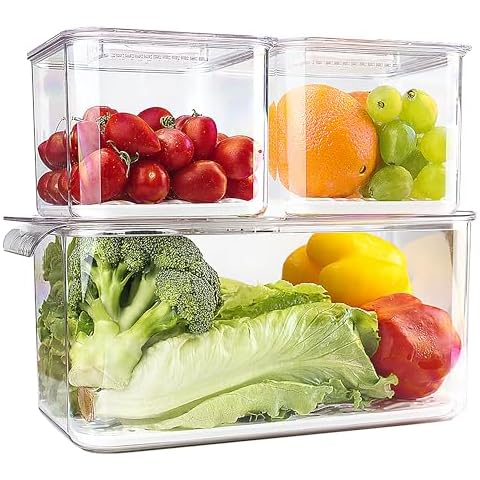 elabo Food Storage Containers Fridge Produce Saver- 3 Piece Set Stackable Refrigerator Organizer Keeper Drawers Bins Baskets with Lids and Removable Drain Tray for Veggie, Berry, Fruits and Vegetables Cover