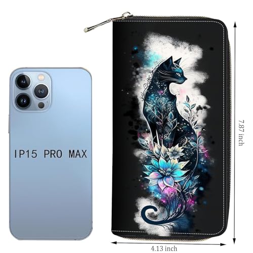 Wallet,Large Capacity RFID Blocking Leather Wallet, Durable Smooth Zipper Clutch,Unisex Travel Wallet for Cards,Cash,and Coins - Black Cat and Flowers4