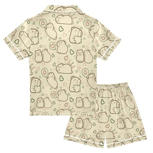 Cute Capybara with Hearts Yellow Summer Satin Pajama Set, Cute Button-Down Sleepwear Pj Set for Sleep Wears2