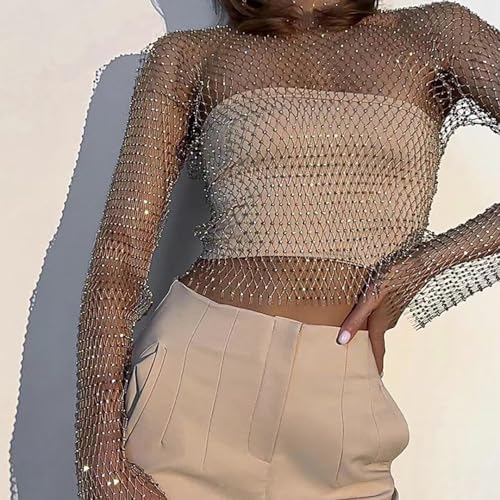 ELLEVEN Rhinestone Crystal Crop Top, Long Sleeve Mesh Body Chains See Through Cover up Sparkly Glitter Shirt Party Club Wear3