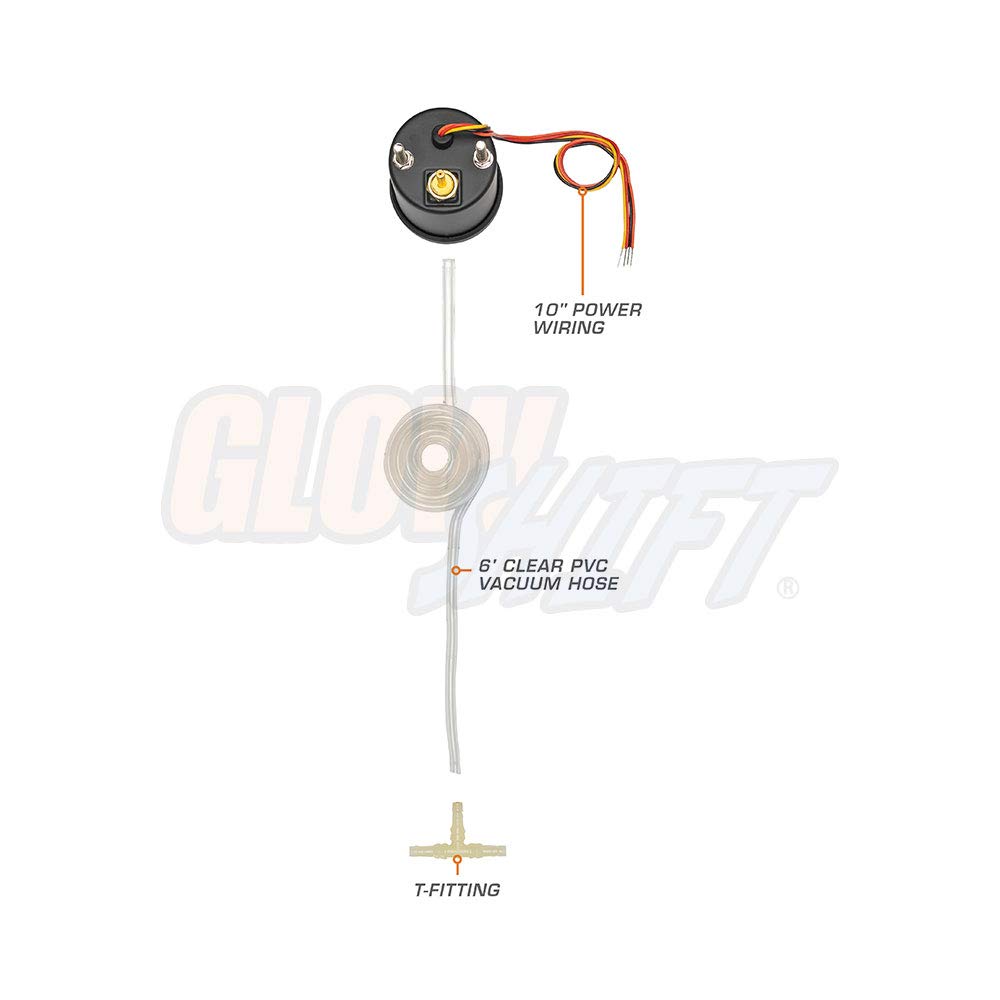 GlowShift Black 7 Color Vacuum Gauge Kit - Includes Mechanical Hose & T-Fitting - Black Dial - Clear Lens - 2-1/16" 52mm