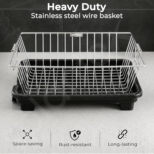 Image of Plantex Dish Drying Rack /Stainless Steel Dish Drainer with Drainer Tray for Kitchen /Vessel Drainer Basket for Utensils /Plate Drying Rack - Chrome (39 X 31.5 X 15 Cm)
