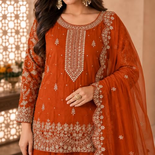 Image of Women's Ethnic Plazzo Suit Set with Kurta & Dupatta | Fendy Fabric Embroidered Kurta Set | Round Neck 3 /4 Sleeve Dress | Elegant Outfit
