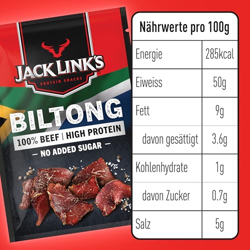 Jack Links Biltong Jerky Original – 12er Pack (12 x 60g) – Glutenfreier Fleisch Snack - High Protein Reiches Trockenfleisch für Gym, Fitness, Outdoor - Kalorienarme Protein Snacks - Rindfleisch Chips