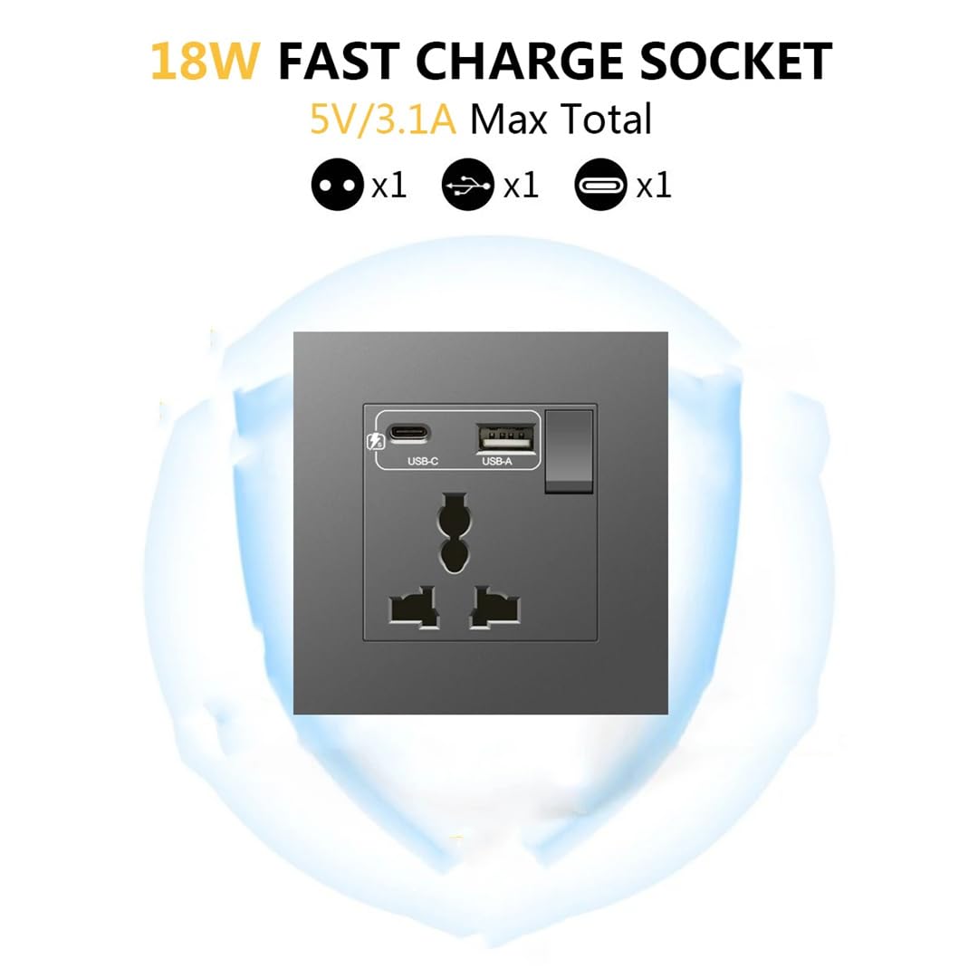Prise De Charge Rapide 18W Type-C 13A, Prise De Courant Électrique Murale estique Avec USB 220V, Double Prise Universelle À 5 Broches RJ45CT5 UK Standard