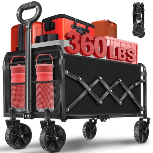 Wagons Carts Foldable, 360 Lbs with Adjustable Handle, Black Lightweight Portable, Collapsible Wagon for Beach Trip, Camping, Shopping, Sports, Travel, Picnic and Grocery with 2 Drink Holders