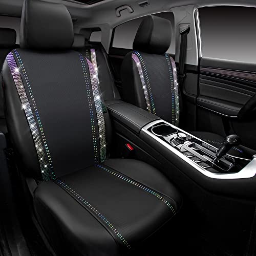 Image of CAR PASS Bling Diamond Car Seat Covers Full Set, Shining Rhinestone Waterproof Faux Leather, Rear with Zipper, Universal Fit Automotive Glitter Crystal Sparkle Strips for Cute Women Girl,Muticolor