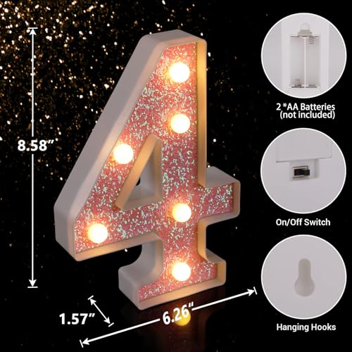 Image of LED Letter Lights Pink Glitter Marquee Letters Light Up Alphabet Letters Sign Battery Powered for Home Party Decoration Night Bar Wedding Birthday Christmas Lamp Girls Gift - Number 4
