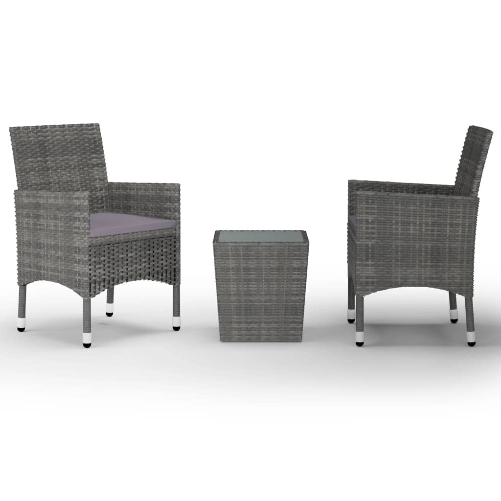 Juego de muebles de jardín de polirratán y cristal templado gris, 3 piezas, muebles de exterior con sillas, muebles de terraza para balcón, jardín, porche